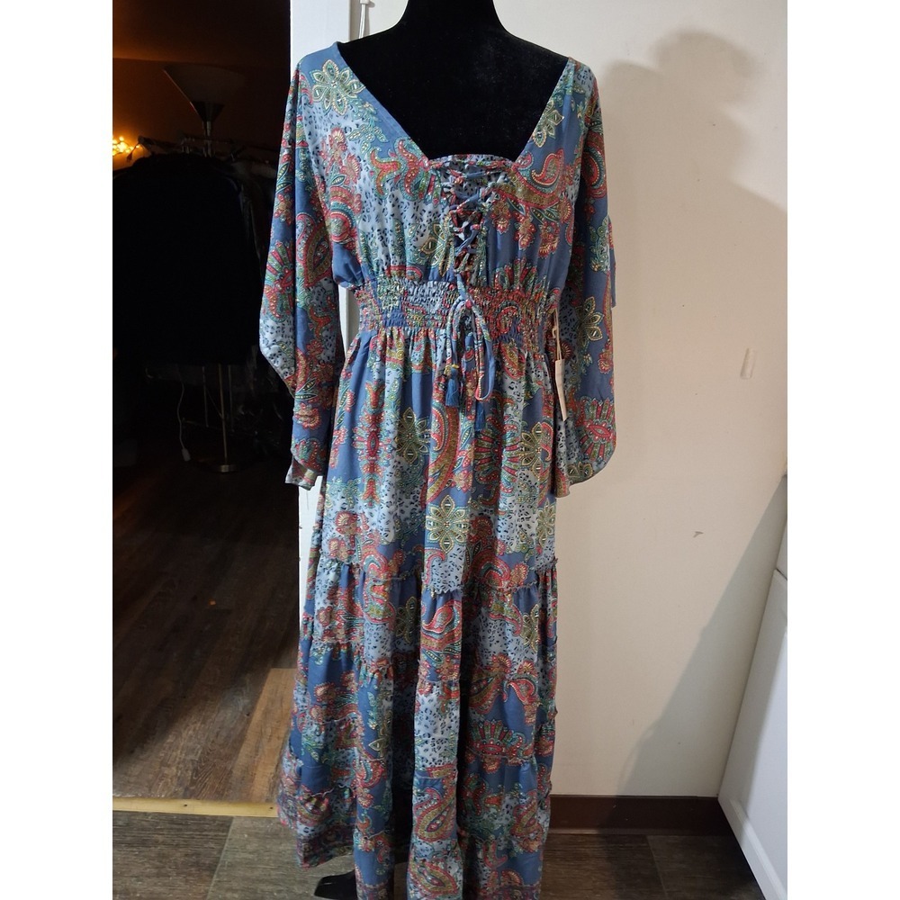 Boemo size small Blue Paisley Lace Up Tiered Maxi Dress Wide Bell Sleeve NWT S